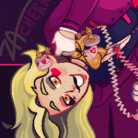 A digital drawing of a man with long green hair hanging is hanging upside down, his golden eyes stare into the camera as he smiles. He is wearing makeup that references the french-suited cards as well as a reddish-purple tailcoat, with his vest being a dark blue. He is holding a heart (card suit) and queen (chess piece) themed rotary phone receiver to his ear. He is on a deep purple background with a saturated pink line breaking it up.